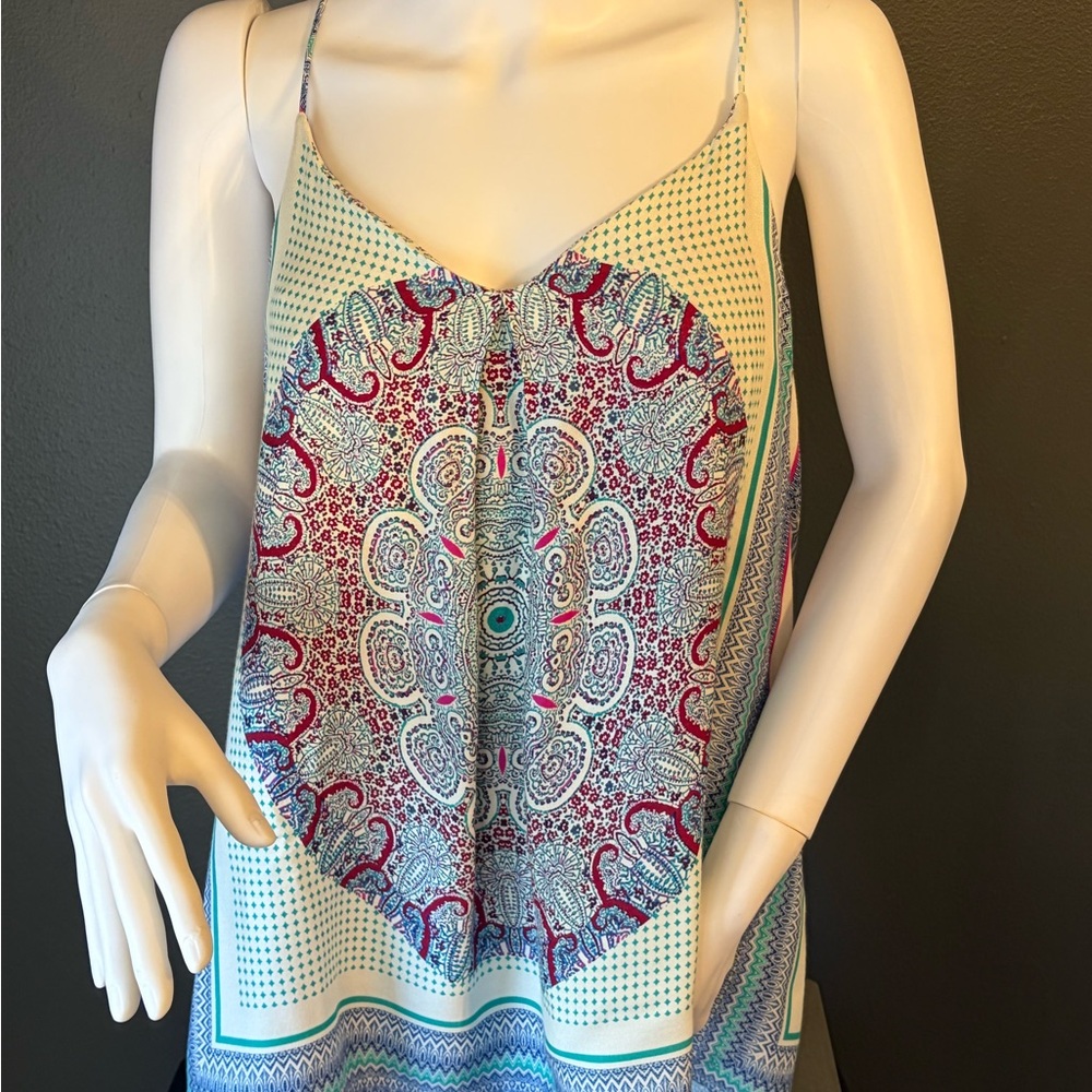 Renee C. Red Teal Bohemian Inspired Patterned Racerback Flowy Sz Large Top